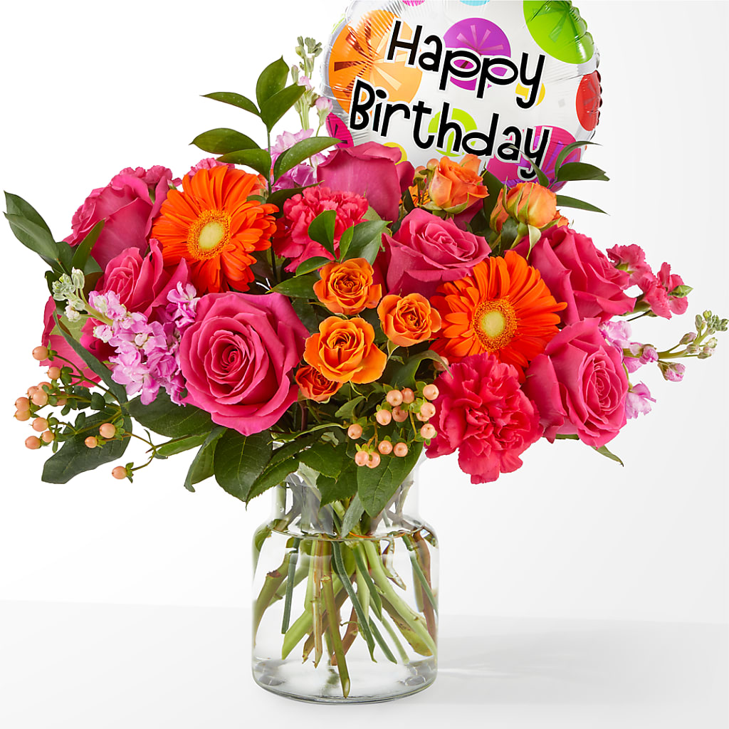Fiesta Bouquet with Birthday Balloon – Joannies Floral Of Birch Run, Birch Run MI
