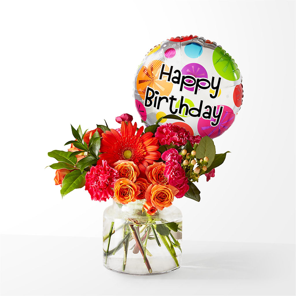 Fiesta Bouquet with Birthday Balloon – Joannies Floral Of Birch Run, Birch Run MI