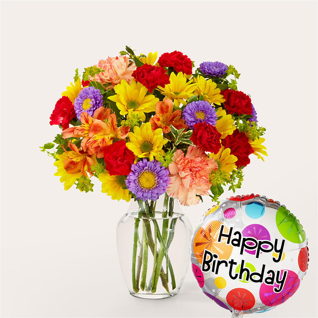 Kaleidoscope Bouquet with Birthday Balloon – Joannies Floral Of Birch Run, Birch Run MI