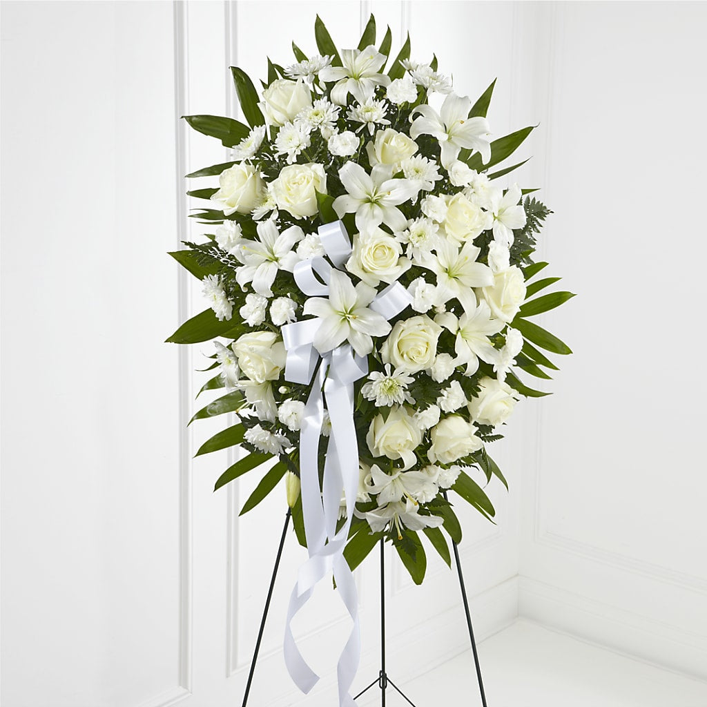 Exquisite Tribute Standing Spray-White Ribbon – Joannies Floral Of Birch Run, Birch Run MI