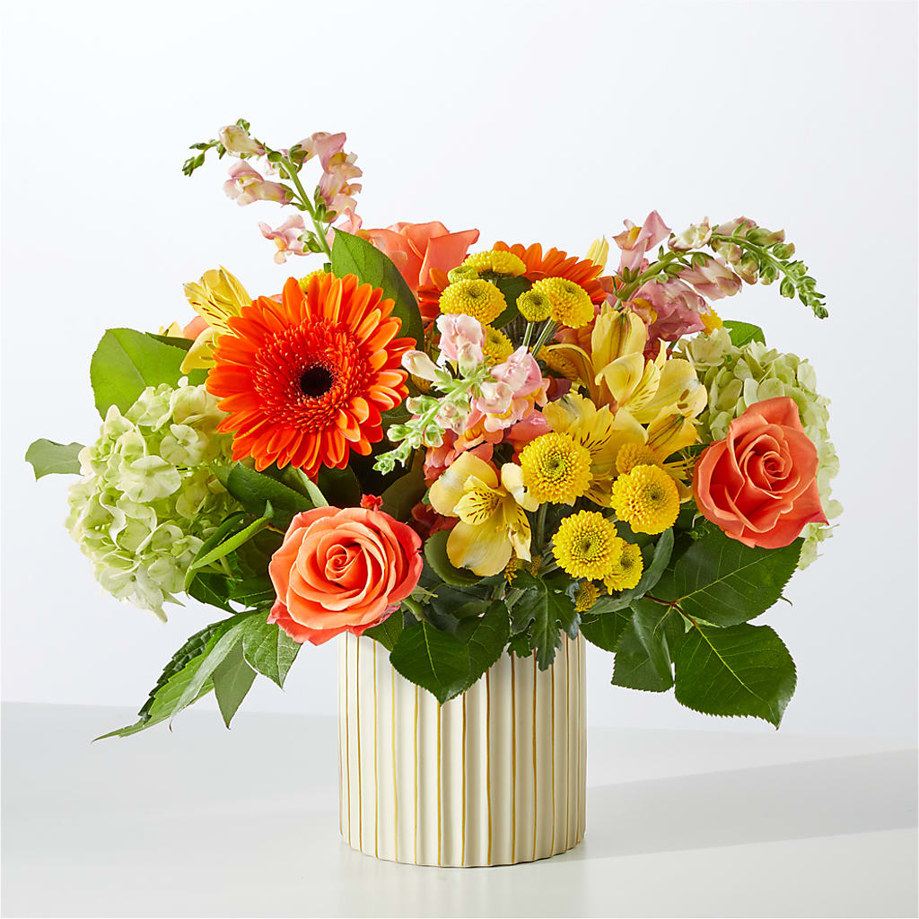 Autumn Sunshine Bouquet with Ivory Vase –  Joannies Floral Of Birch Run, Birch Run MI